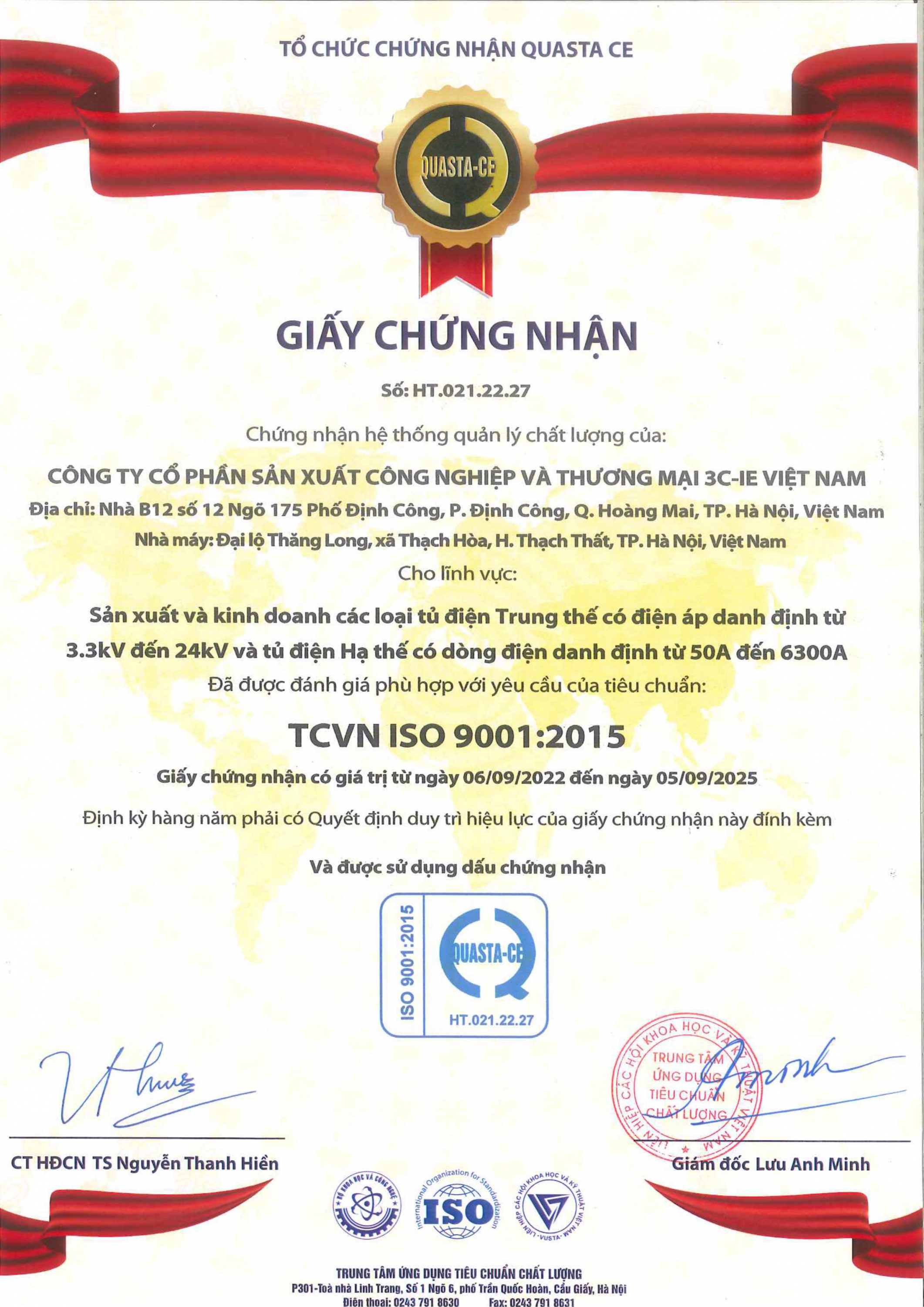 Giấy chứng nhận hệ thống quản lý chất lượng doanh nghiệp: ISO 9001:2015